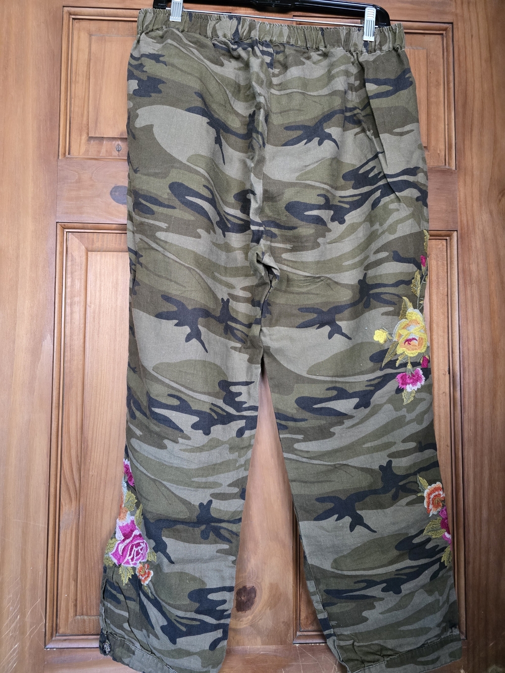 Olive Green Camo With Floral Embroidered Linen Pants